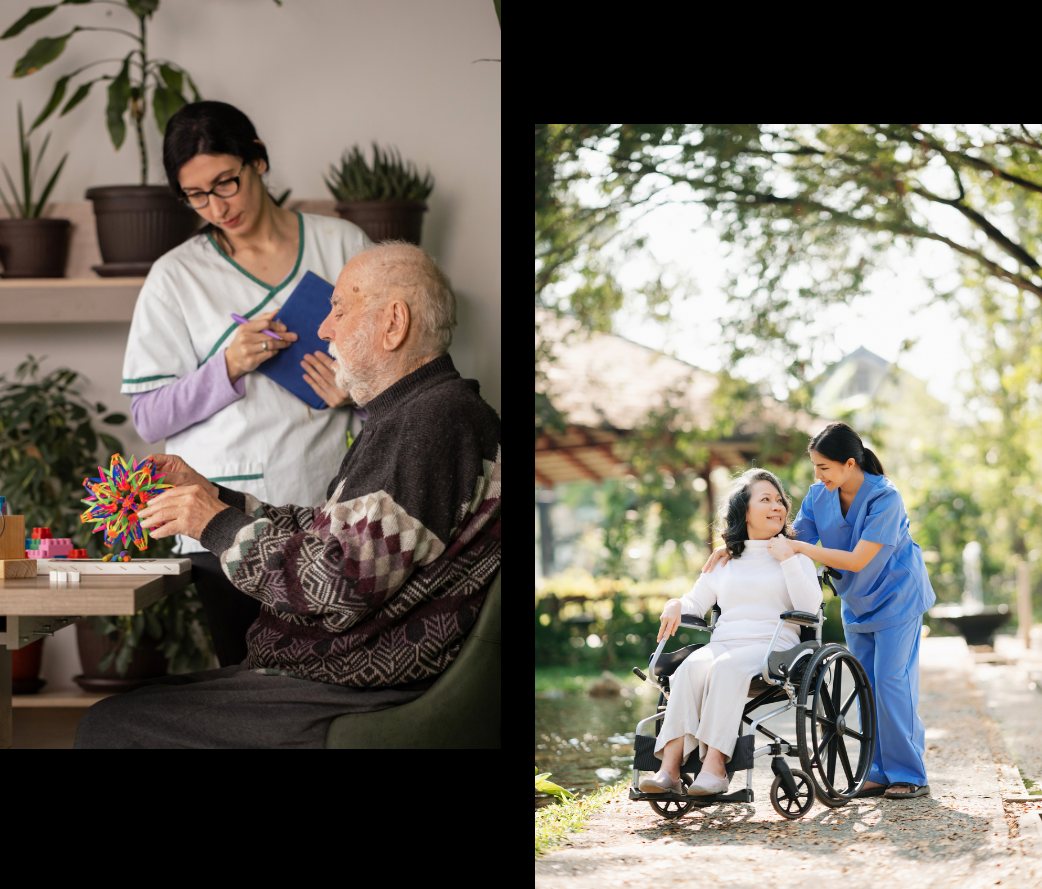 Family members and a caregiver talking together at home