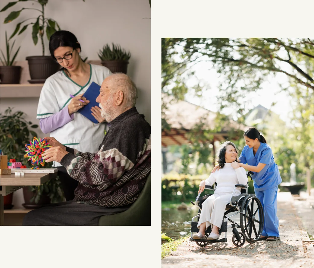A caregiver walking alongside an older adult in a sunny garden